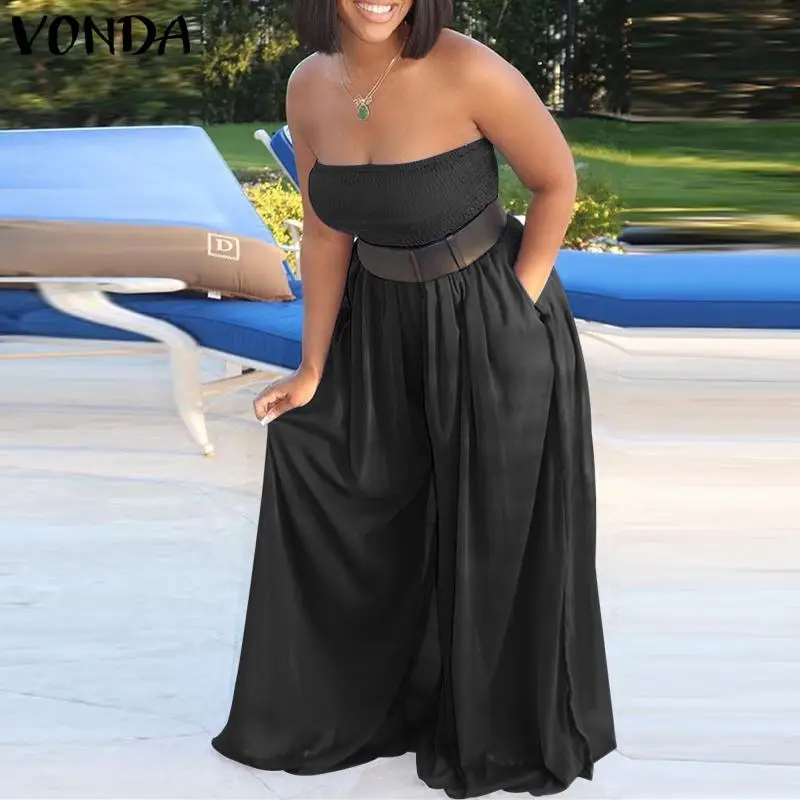 

Женские летние комбинезоны 2021 VONDA, Летний комбинезон с широкими штанинами, женские повседневные однотонные брюки, женские офисные комбинез...