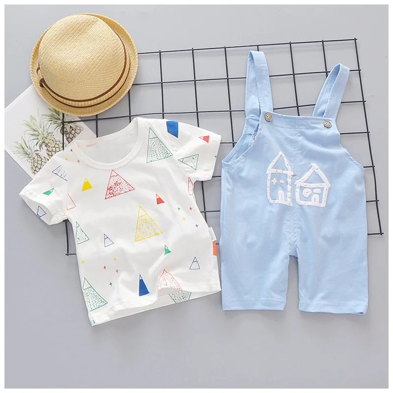Summer Baby Girls Boys Clothes Infant Color T Shirt Kids Cartoon House Pattern Bib Pants 2pcs/sets Children Casual Sport Suits