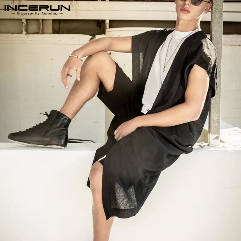 

INCERUN Fashion Men Vests Solid Open Stitch Hooded Sleeveless See Through Casual Waistcoats Loose Streetwear Tops Men Outerwear