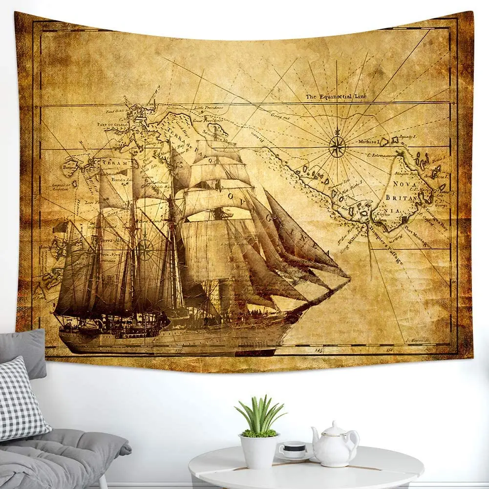 Пиратская Карта сокровищ гобелен с рисунком парусного судна старинный узор