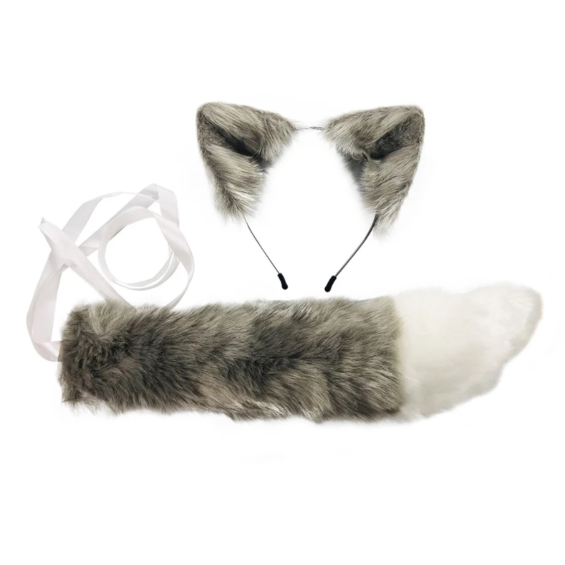 

Faux Fur Kitten Wolf Ears Headband Long Tail Set Anime Dress Up Cosplay Costume