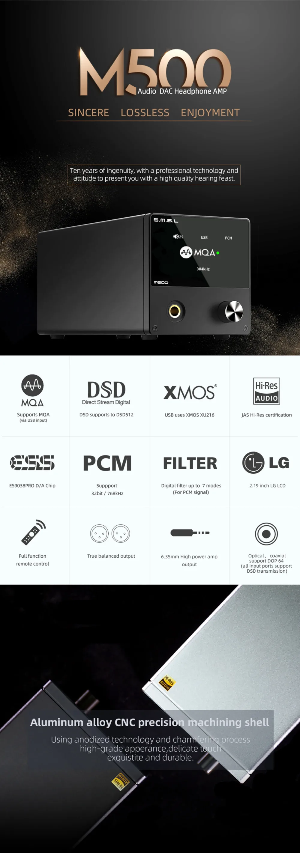 SMSL M500 MQA декодер ES9038PRO ES9311 XMOS XU-208 32 бит 768 кГц DSD512 Hi-Res аудио ЦАП усилитель для наушников черный