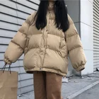 Куртка-пуховик женская с капюшоном, модная Корейская Свободная куртка с длинным рукавом, теплая парка оверсайз, однотонные, стиль Харадзюку, зима