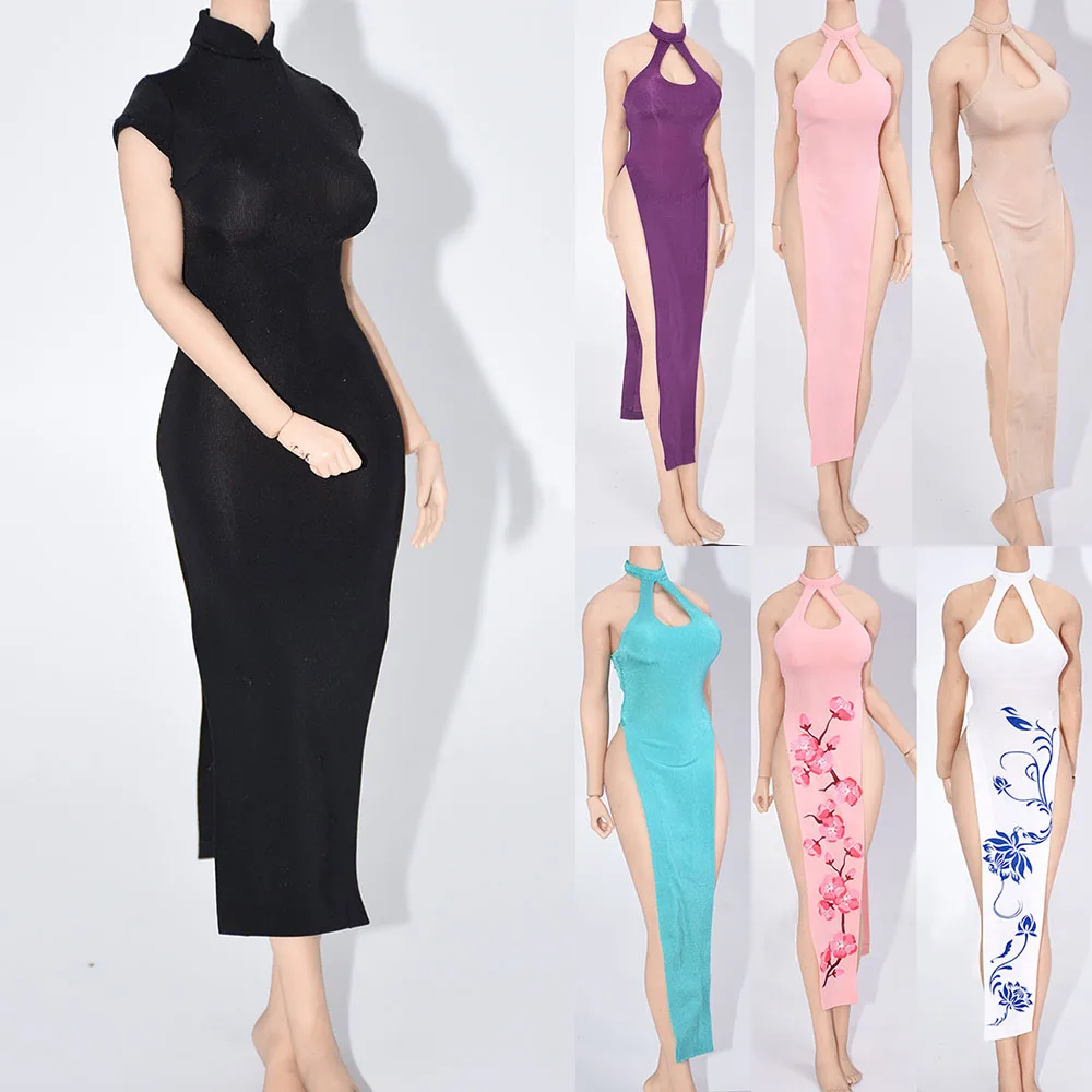 

1/6 Sexy Ice Silk Sling Low-cut Cheongsam Dress Halter-Neck High Slit Dress Fit 12" PH TBL JO UD Female Figure Toy