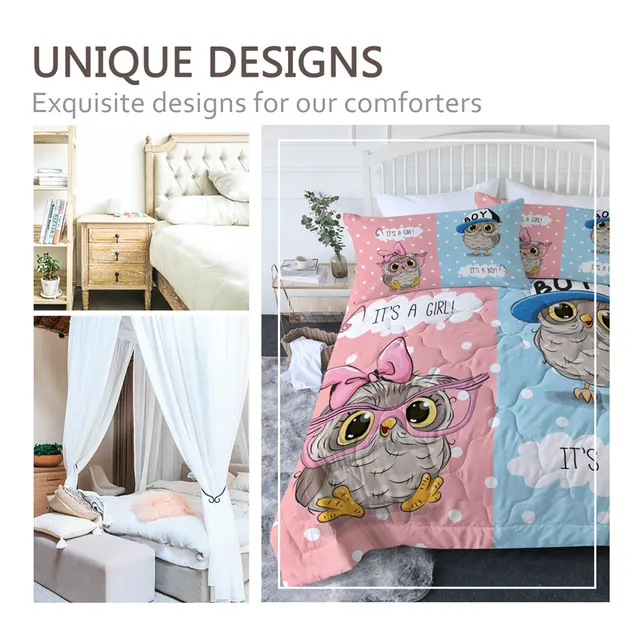 BlessLiving Owl Quilt Set Blue Pink Thin Comforter Cartoon Summer Bedding Twins Air-conditioning Duvet Boy And Girl Home Decor 2