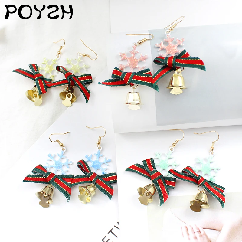 Мерцающие снежинки серьги красный зеленый бант металлический маленький