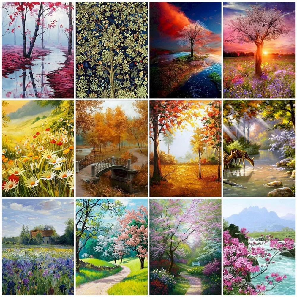 

HUACAN картина по номеру дерево Пейзаж DIY рамка живопись по номерам Цветок на холсте для взрослых украшение дома подарок 50x65cm