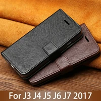 leather flip phone case for samsung j3 j4 j5 2016 j6 prime j7 2018 case cowhide litchi texture card slots cover