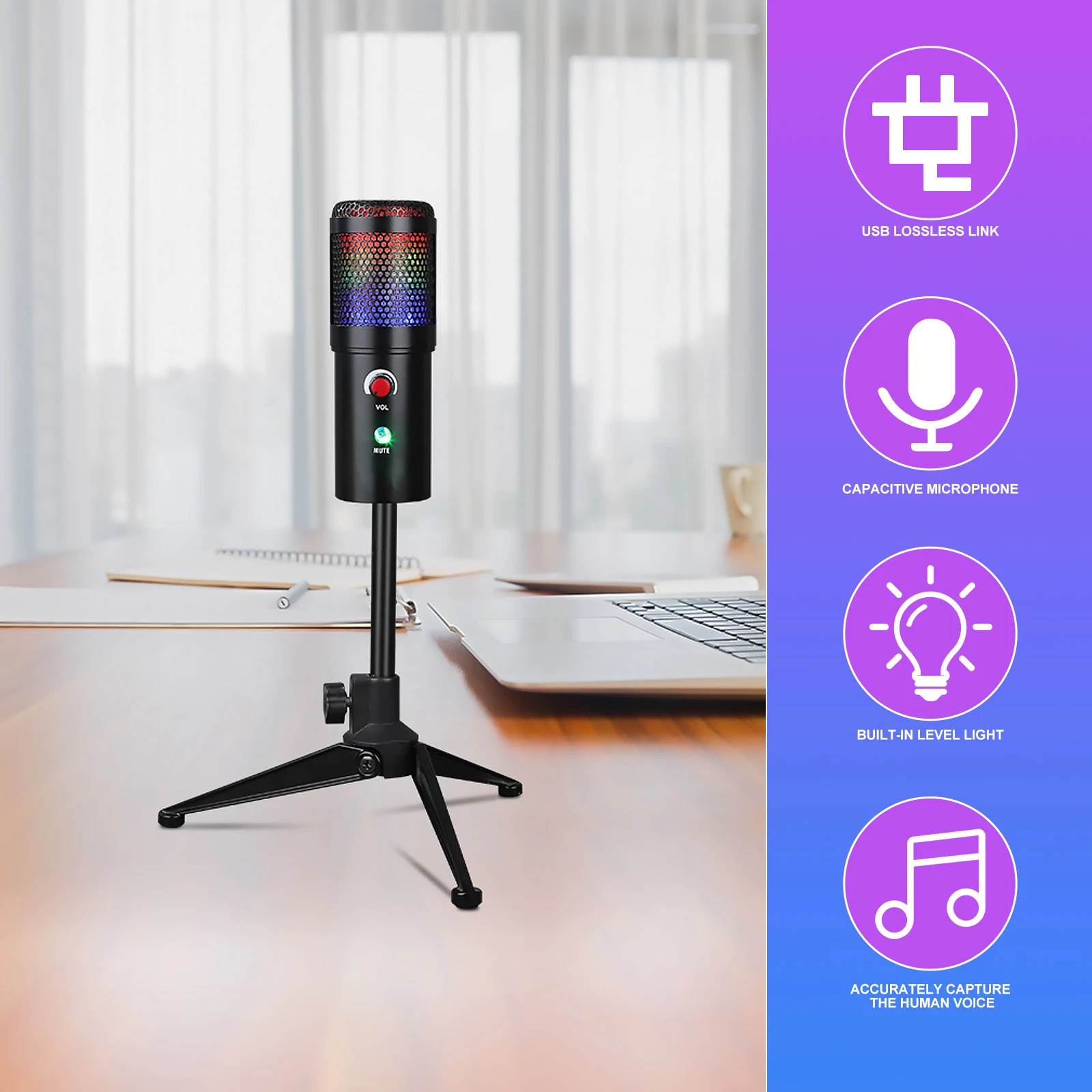 

1 Set Of USB Microphone Computer Recording Mic Live Streaming Microphone Black