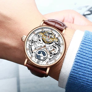 Мужские водонепроницаемые часы-скелетоны KINYUED с турбийоном, прозрачные Спортивные наручные часы с Лунной фазой