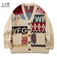 cartoon bear sweater cardigan men women winter hip hop loose sweaters coat streetwear japanese winter college knitwear jackets