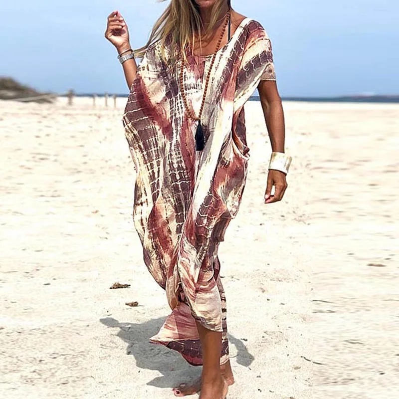 

2021 Summer Fashion Tie-Dye Irregular Dress Elegant O Neck Casual Long A-Line Dress Women Vintage Loose Short Sleeve Beach Dress