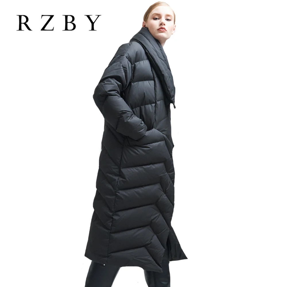 

Stylish Women Down Jackets Long Asymmetric Winter Coats Zipper пуховик женский зимний Turn Collar Warm Streetwear пальто RZBY007