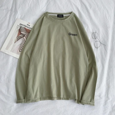 

han Men's spring round neck T-shirt solid color casual bottoming shirt small fresh couple loose top