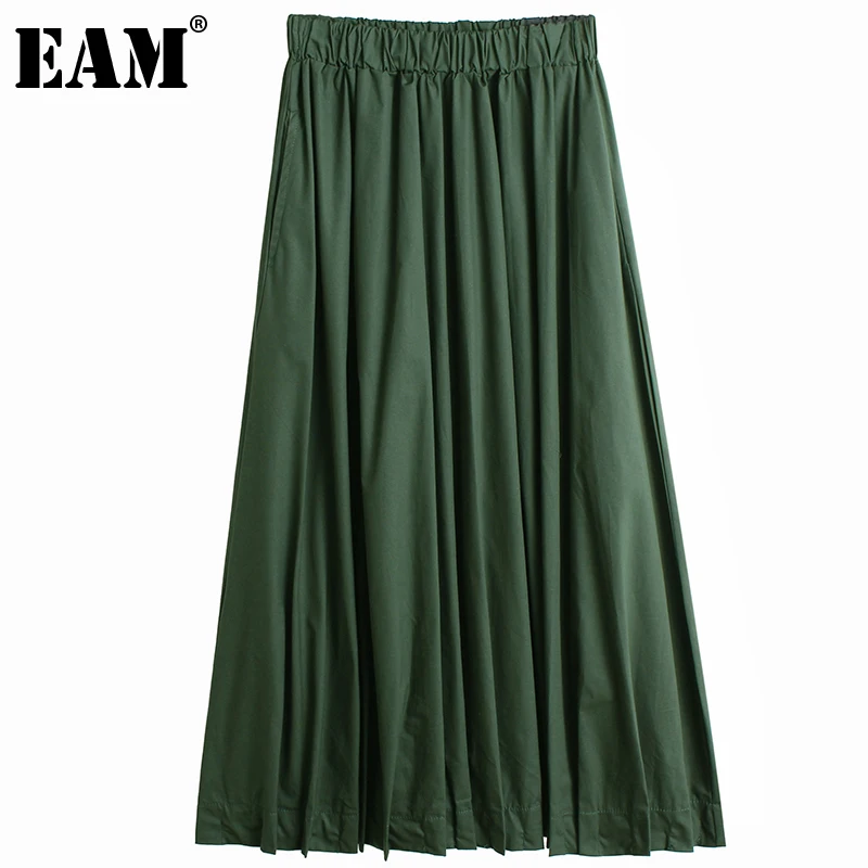 

[EAM] высокая эластичная талия зеленая многоцветная плиссированная длинная юбка средней длины женская модная новинка весна лето 2021 1DE0465