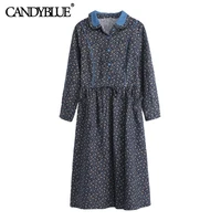 cotton and linen printed dress candyblue 2022 spring new fashion single breasted drawstring tie polo collar floral dress female