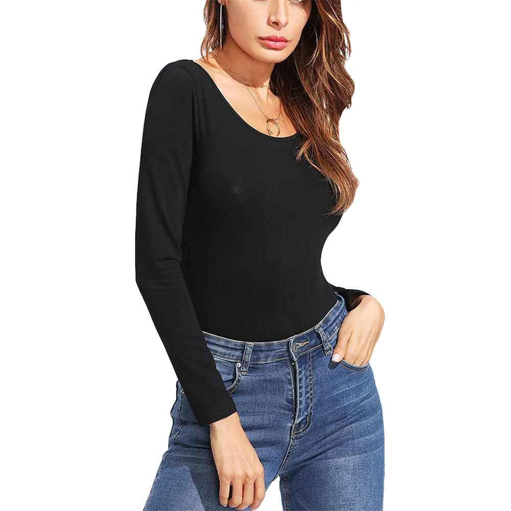 

Женский Облегающий комбинезон с длинным рукавом, однотонный комбинезон с открытой спиной, облегающий короткий комбинезон с круглым вырезом