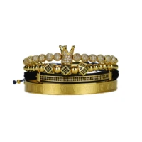 4pcsset luxury copper beads king crown men bracelet stainless steel bangle cz ball macrame bracelets bangles for men jewelry