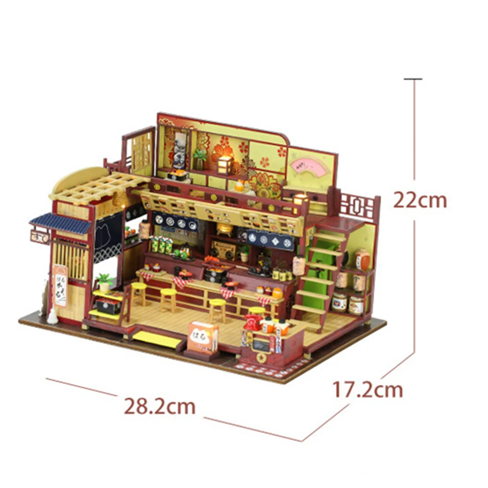 

New DIY Japanese Sushi Store Cottage Wooden Doll House Kit Miniature with Furniture Casa Dollhouse Toys for Children Xmas Gifts