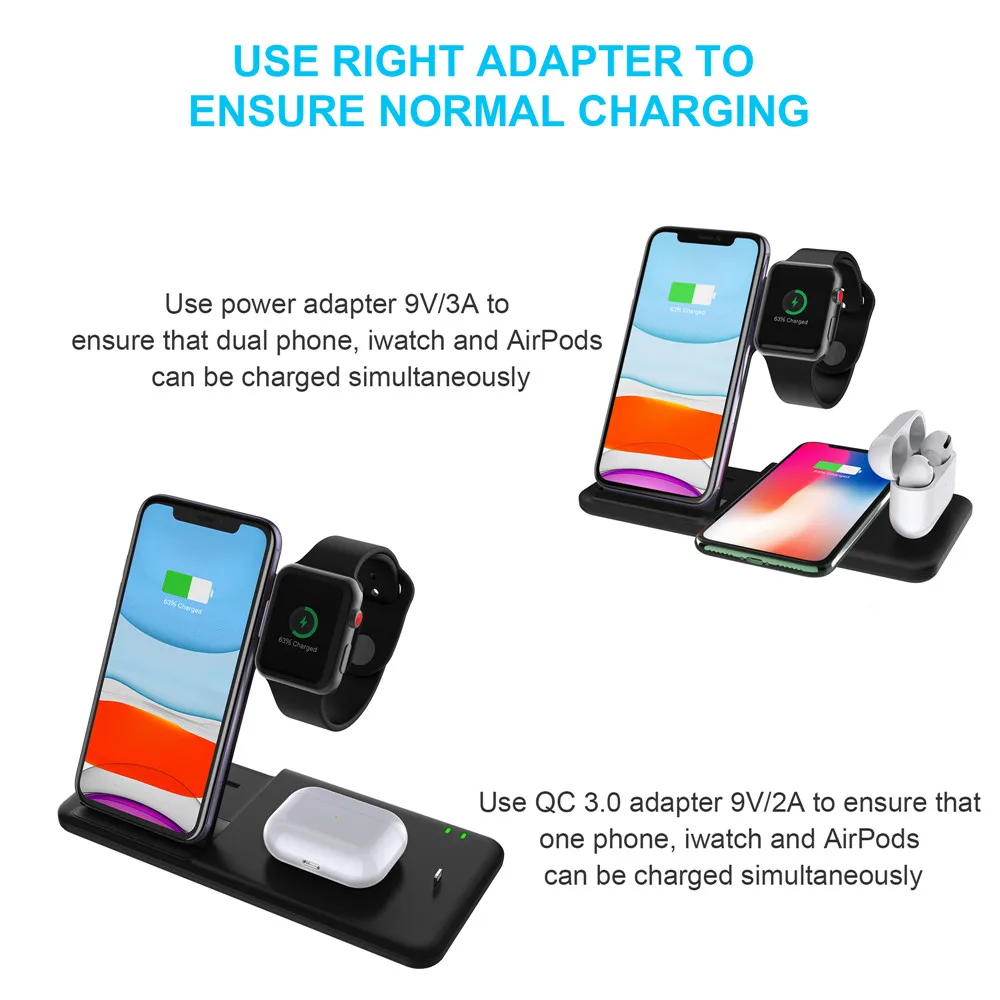 Беспроводная зарядная док станция Qi 15 Вт для iPhone 11 XS XR X 4 в 1 Apple Watch 6 5 Airpods