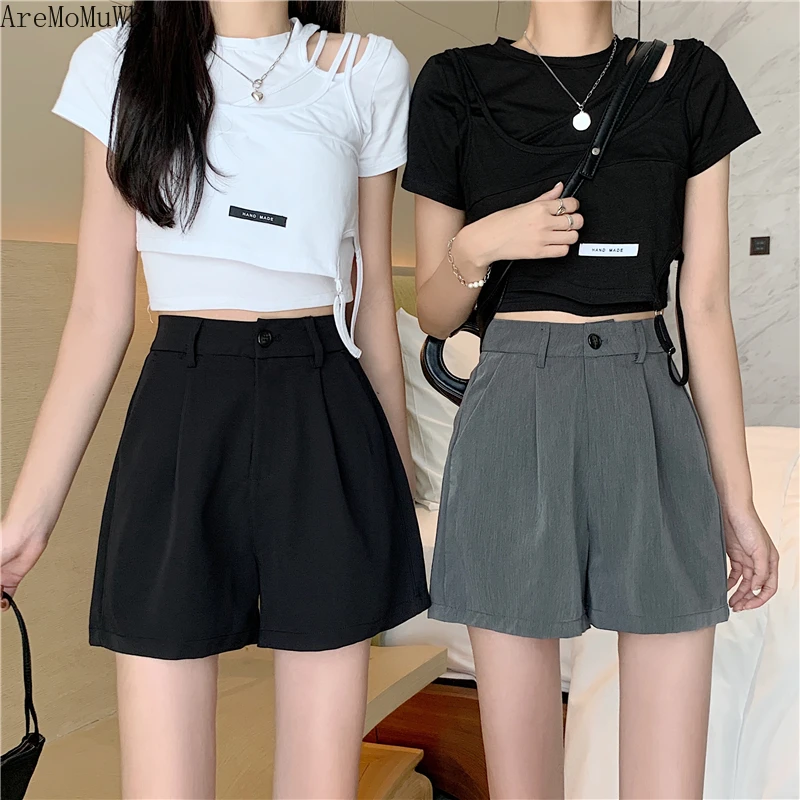 

New Thin Suit Shorts Women's High Waist Loose Asian Size S-5XL Straight Leg Pants Tide Ins Black Casual Five-point Pants Summer