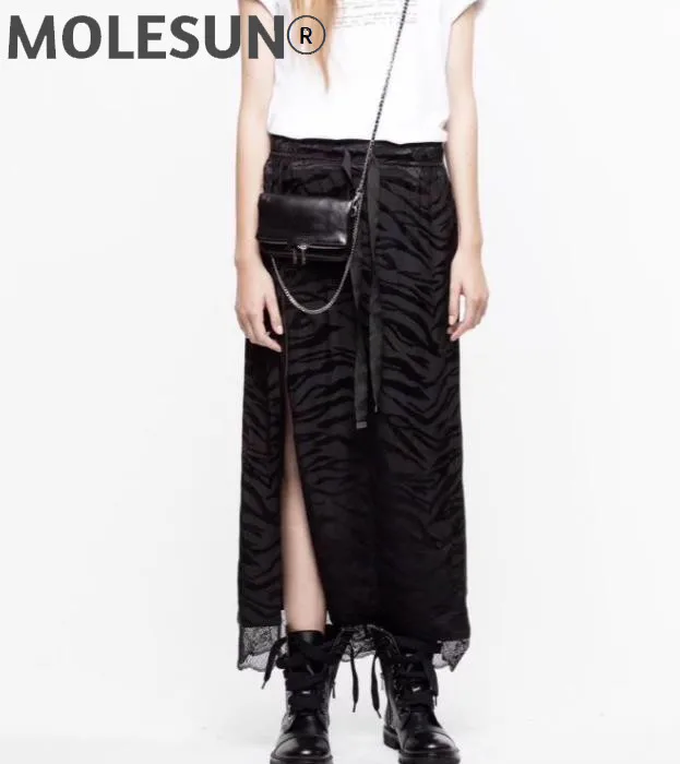 

Droped Woman Black Silk Straight Step Skirt Back Slit Fashion Lace jacquard Hem NEW long Skirts 2021
