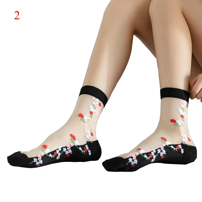 Ультратонкие летние женские носки прозрачные кружевные шелковые с кристаллами