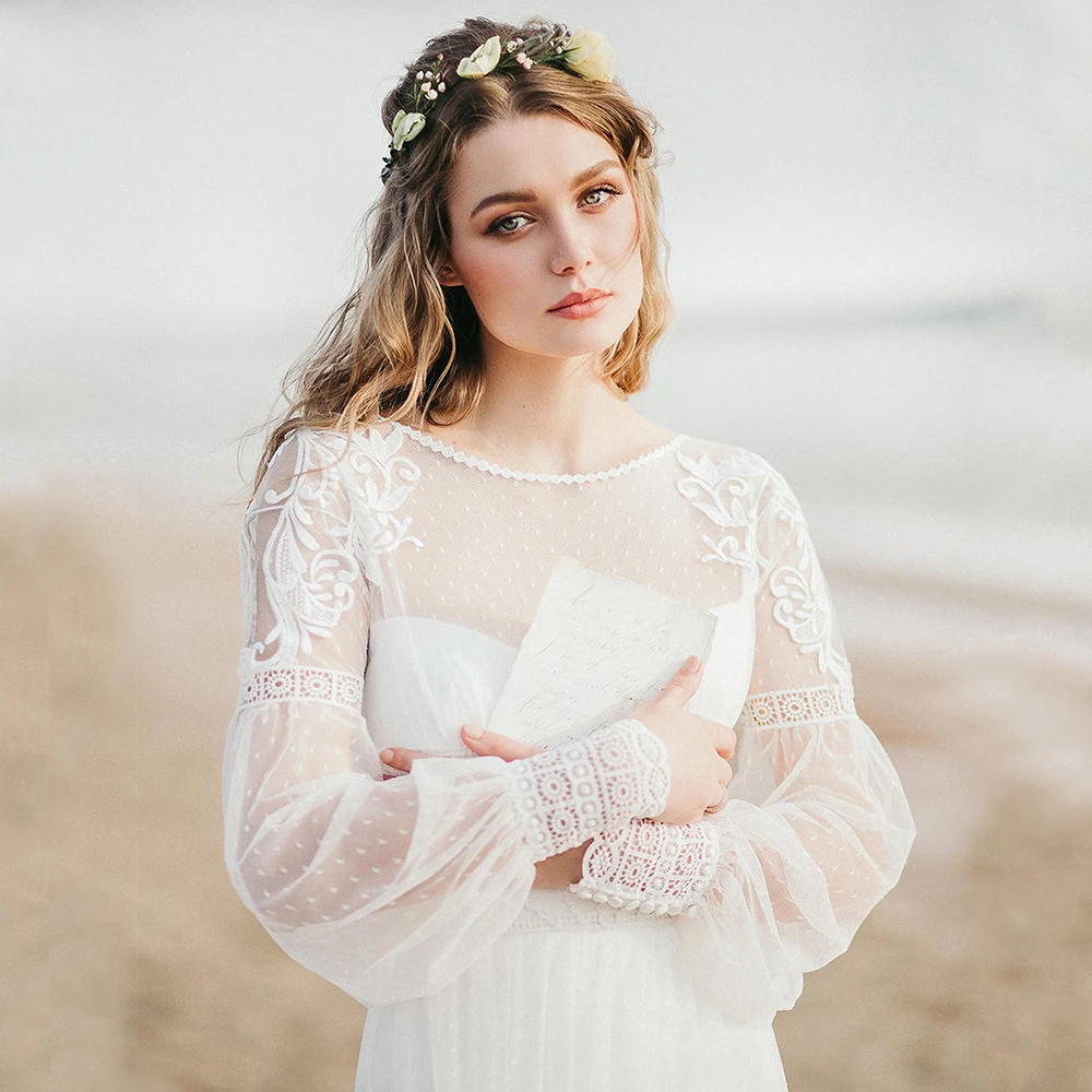 

Bohemian Beach Style A Line Floor Length With Long Sleeves Lace Bridal Gown For Woman Button Back Romantic Vestido De Novia 2021