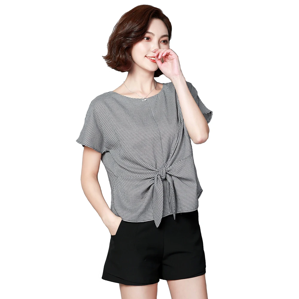 

2021 Woman Summer Fashion Loose Lattice Sashes Short Sleeves Chiffon Shirt