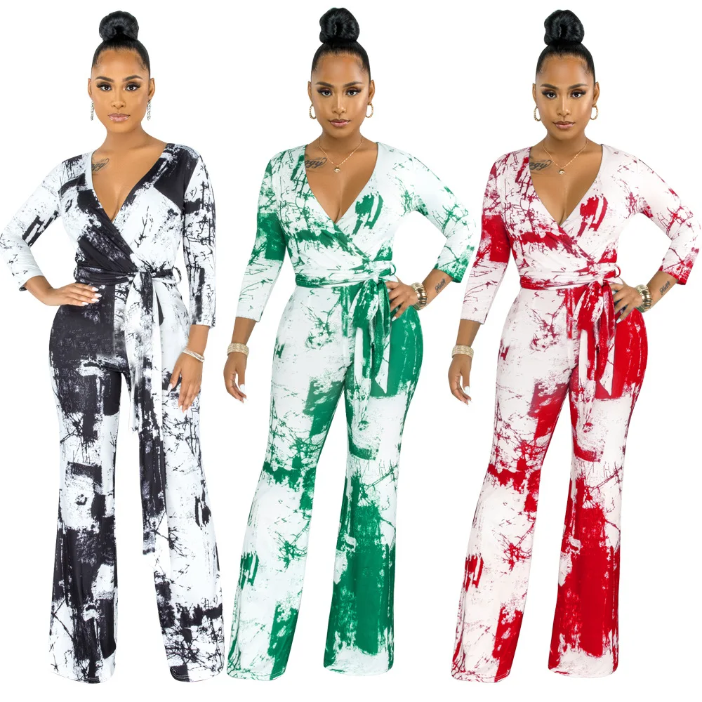 

Somoshein S-2xl Print V Neck Sexy Ladies One Piece Jumpsuit Long Sleeve Casual Wide-Leg Romper Whith Belt Wholesale Dropshopping