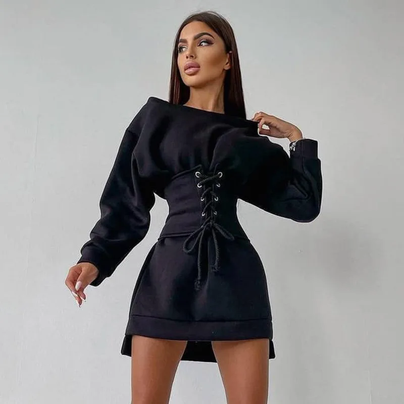 

Solid color Dress for Women Harajuku Sweatshirt Sexy Mini Dresses Bandage Wide Belt Fashion Streetwear New