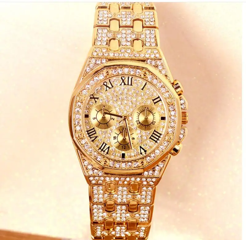Часы мужские кварцевые с золотыми бриллиантами стразы | Наручные часы