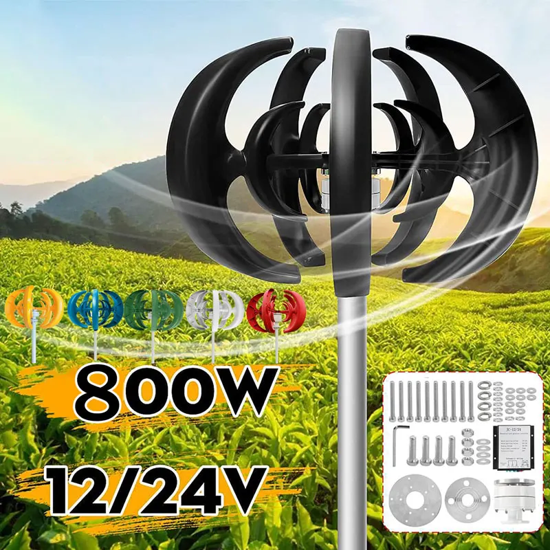 

Ветряной генератор 800 Вт, 12 В/24 В, ветряная турбина с вертикальной осью и 5 лезвиями, ШИМ-контроллер для домашнего использования