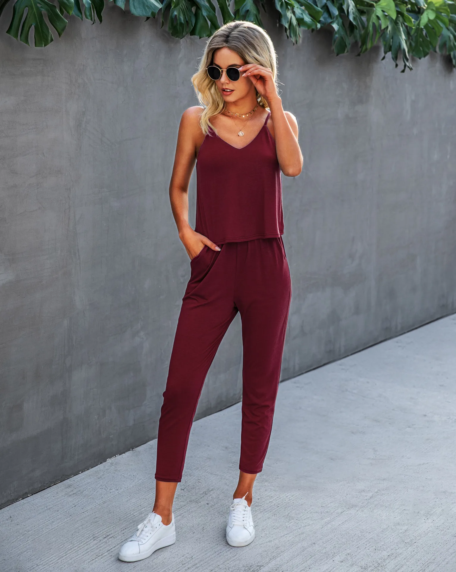 

Donsignet Women's Jumpsuit Summer Casual V-neck Sling Open Back Solid Color Pocket Jumpsuit Full Length Jumpsuit Women Straight
