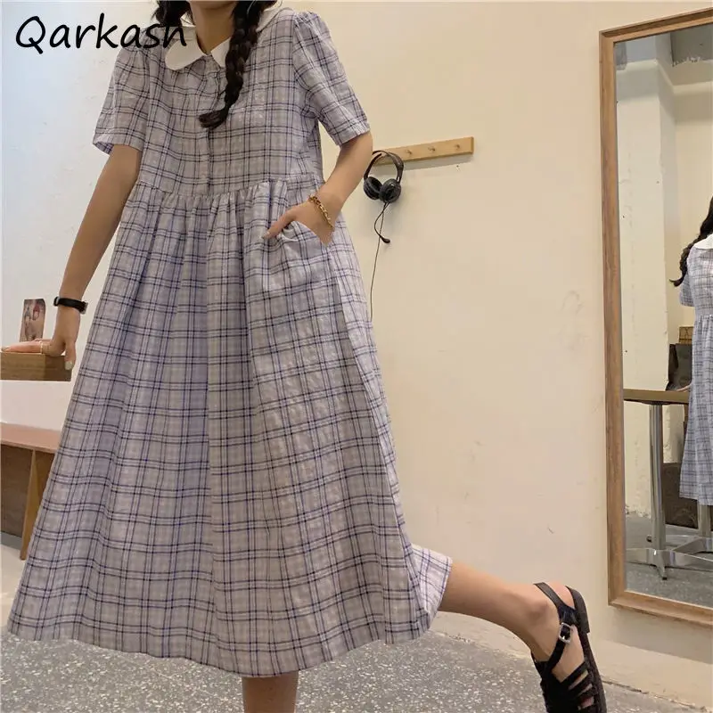 

Short Sleeve Dress Women Plaid Retro Preppy Japan Style Kawaii Mujer Summer Empire Midi Classic Fashion Popular Vestidos Simple