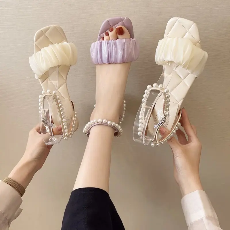 

Female Sandal Comfort Shoes for Women High Heels 2021 Summer Buckle Strap Girls High-heeled Clear Beige Pearl Fashion New Casual