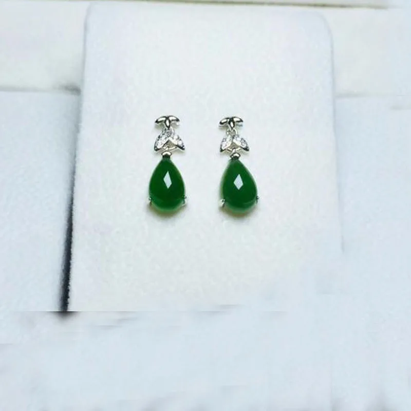 NOT FAKE S925 Fine Jewelry Hetian Jasper Water Earrings 925 Sterling Silver Women Handmade emerald green stone | Украшения и