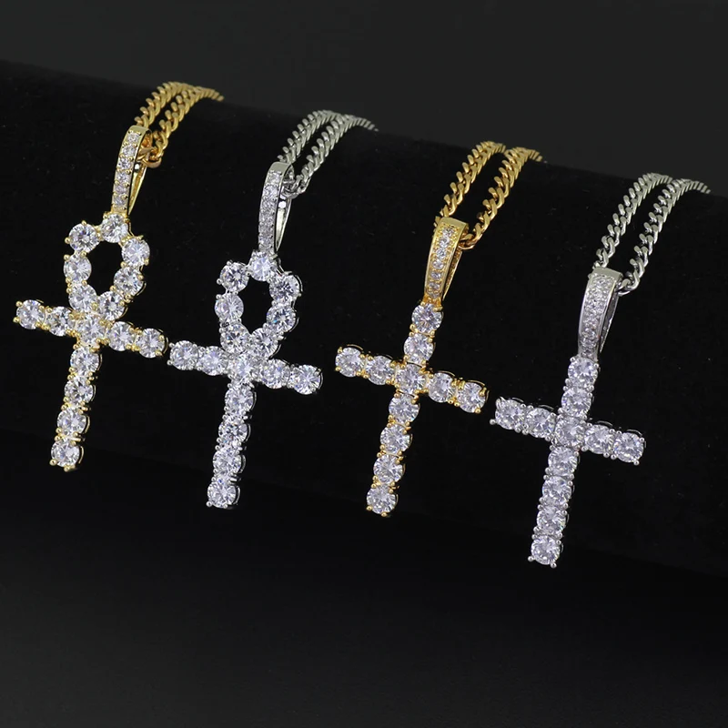 

Hip Hop AAA CZ Zircon Stone Paved Bling Iced Out Ankh Cross Pendants Necklace for Men Rapper Jewelry Gold Silver Color