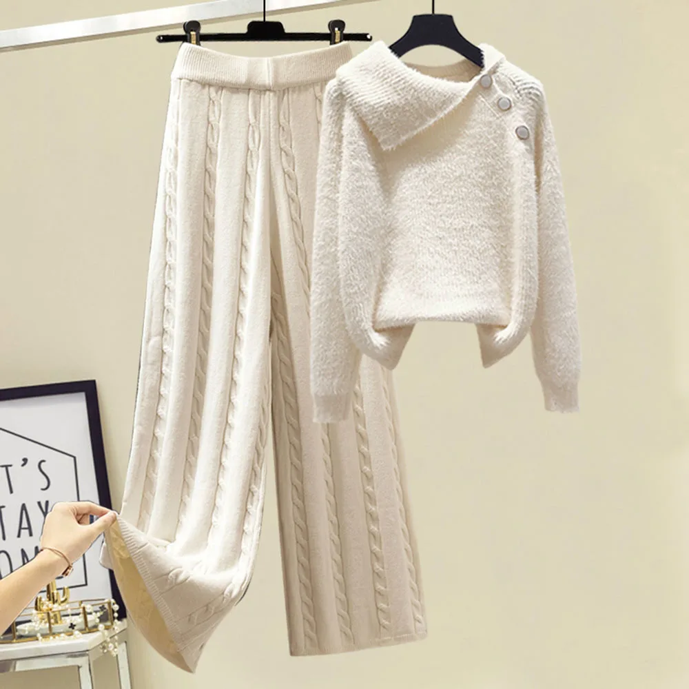 

2021 Sweater Set Women Autumn Winter Knitted Suits 2 Piece Set Warm Sweater Pullovers Wide Legs Pants Suit