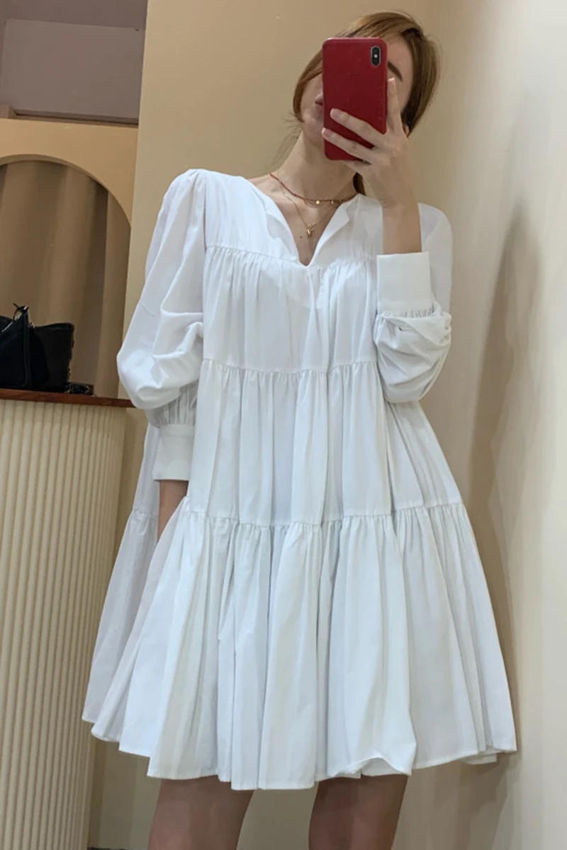 

Autumn simple and thin V-neck fold design loose doll dress skirt female Long Sleeve White Solid Loose Long Version Casual