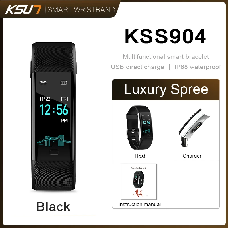 KSS904 Смарт-часы IP68 водонепроницаемый монитор здоровья умный Браслет пульсометр кровяное давление Relogio Inteligente смарт-браслет - Цвет: KSS904-Black
