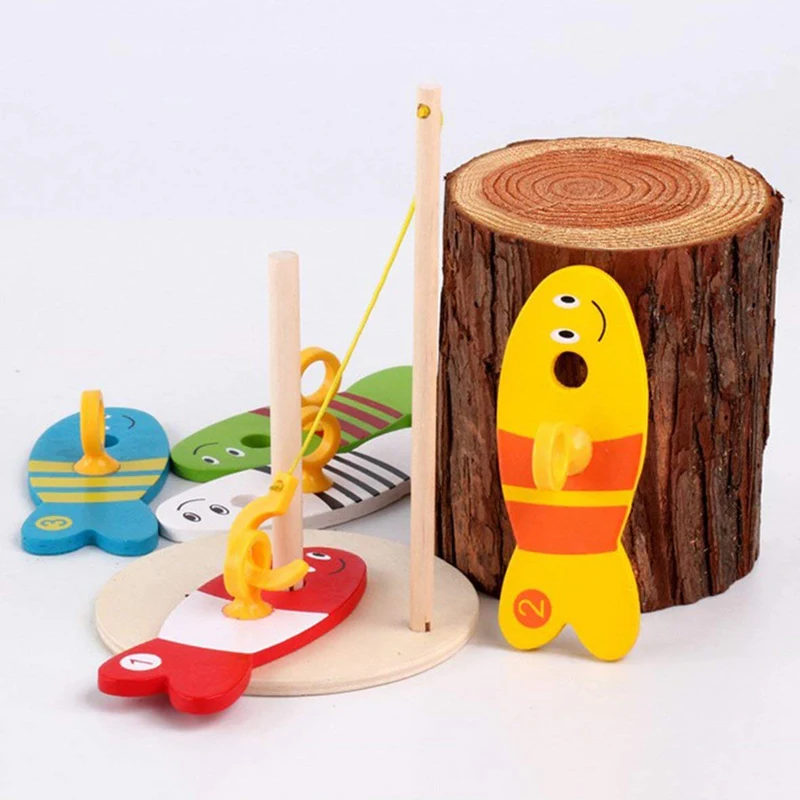 8 шт./компл. деревянные игрушки для рыбалки детские цифровые набор рыбы колонка и