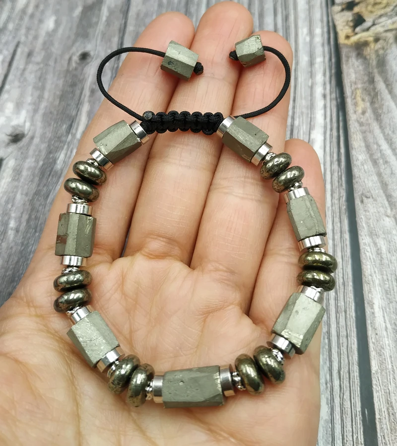 YA4075 натуральный Пирит камень Бусины Браслет Регулируемый |