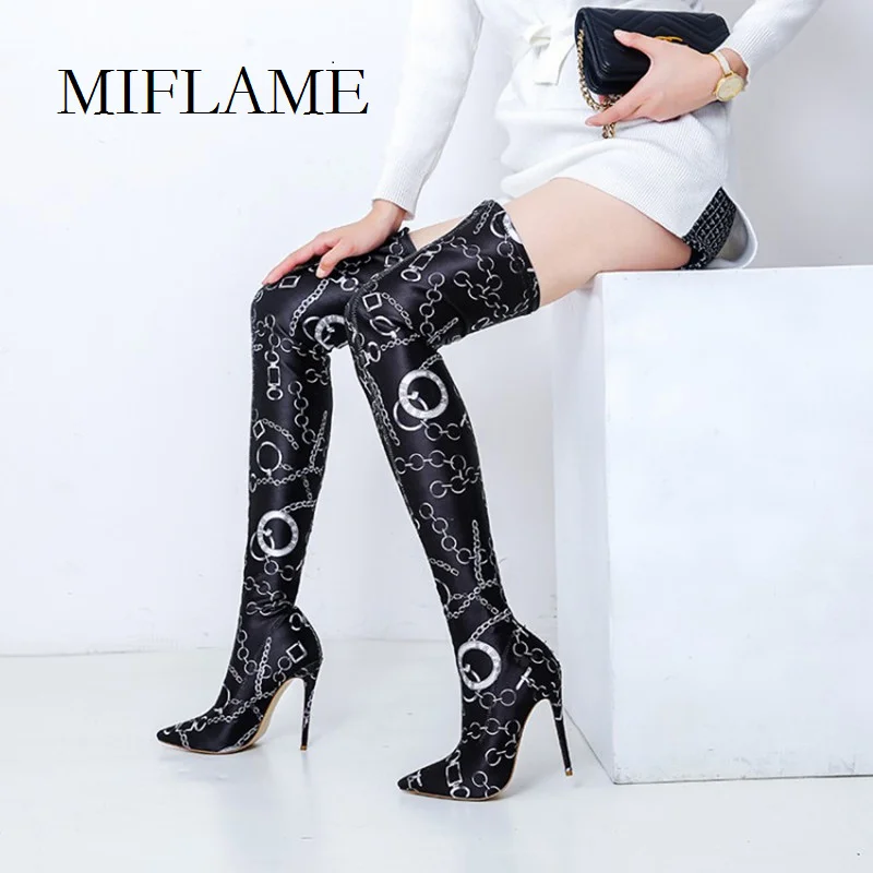 

2021 Stiletto Long Boots Women Fashion Tideway Pointed Toe Black Over The Knee Boots Winter Slip On Nightclub Thigh High Heels