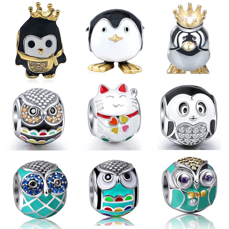 Fit Pandora Талисманы Браслеты Серебро 925 новые милые животные Сова Кот Пингвин Подвески Бусины ювелирные изделия делать подарки