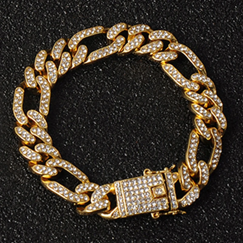 Мужской браслет в стиле хип-хоп украшенный кристаллами золотистые застежки из