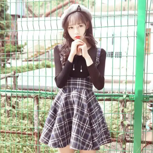 Новый сарафан в клетку юбка осень японский Винтаж Шерсть тонкие юбки складку