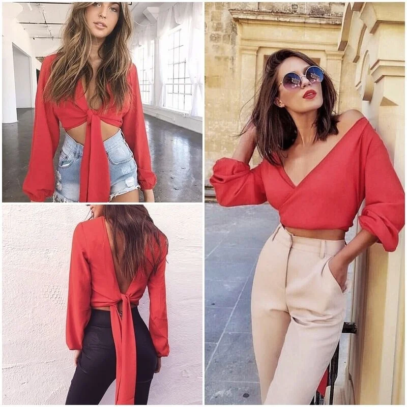 

Style Full Sleeve Deep V Neck Classics Comfort clothing Blouse Women Sexy Club Shirts Backless Sexy New Bow Short Chiffon