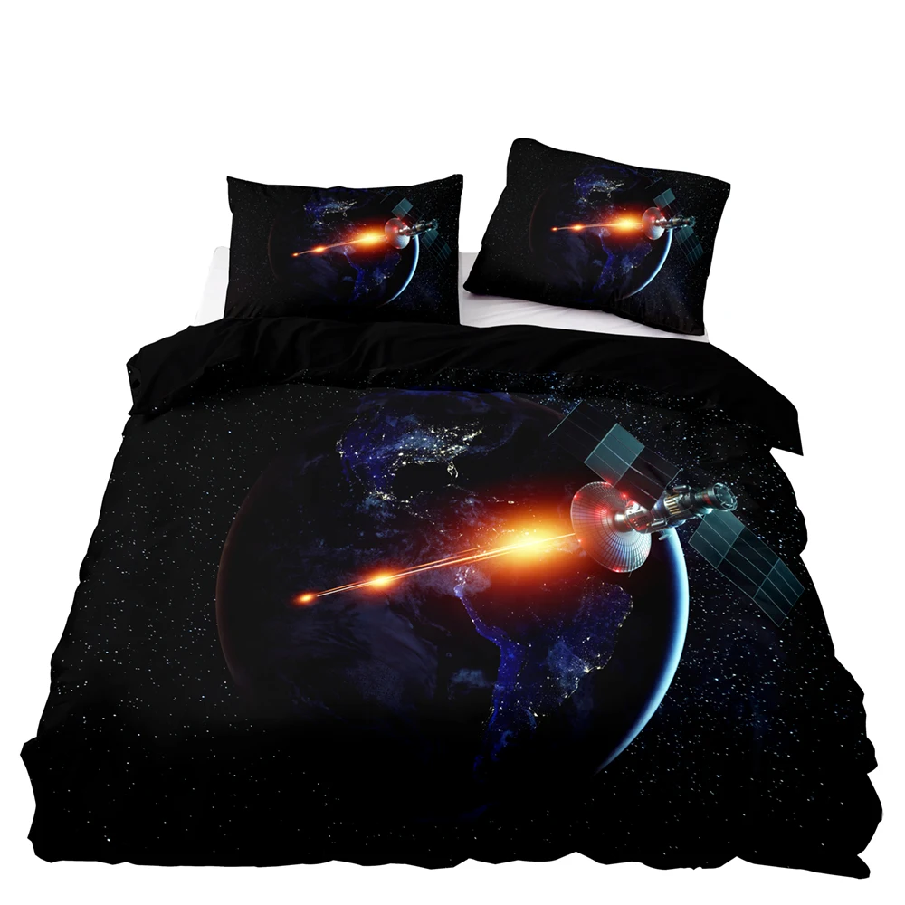 

Future Science Fiction Space Station Pattern Bedding Set, 228×228 Duvet Cover Set With Pillowcase,Black 173×218 Quilt Cover