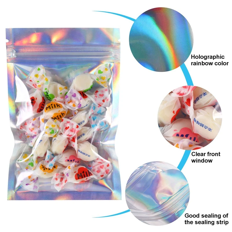 150 Pcs Mylar Zipper Closure Bags Aluminum Foil Food Storage Holographic Rainbow Color Resealable Pouch | Дом и сад